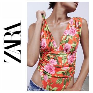 NWT Zara Printed Draped Bodysuit, Size Small